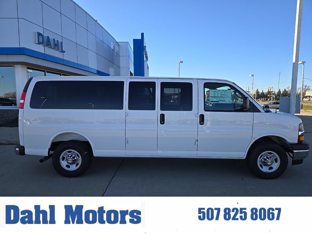 2025 Chevrolet Express Passenger 1LT in Summit White — front three-quarter view